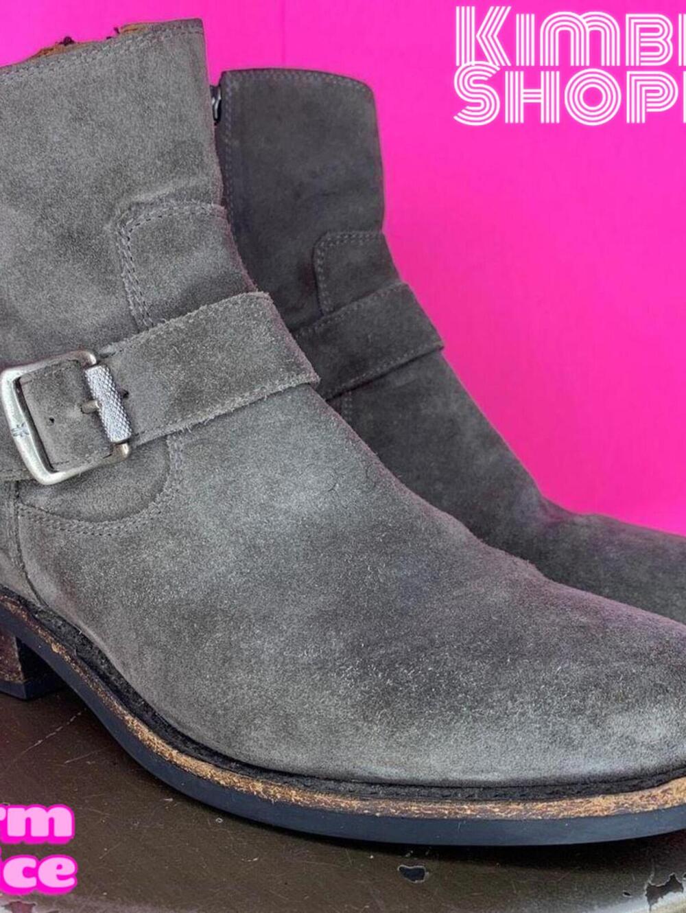 Frye Hannah Engineer Gray Suede Side Buckle Moto Ankle Boots US 6.5 UK 4.5 EU 37